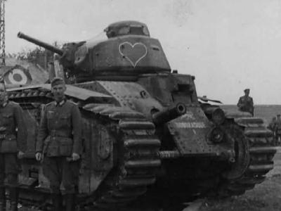 French Char B1 bis tank and Wehrmacht soldiers