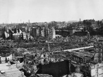 Aerial view of the bomb shatterd ruins of Hamburg 1945