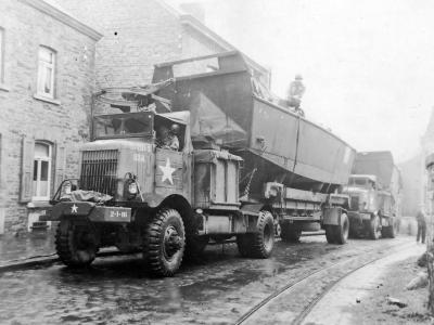 Autocar U 8144 Trucks Carry LCVP Landing Craft To Cross Rhine River Germany 1945