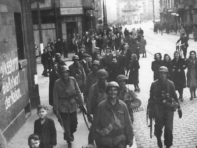 Civilians Watch US Army 3rd Army Troops Move thru Frankfurt 1945