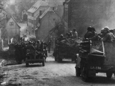US 9th Armored Division Moving through Limburg Germany 1945
