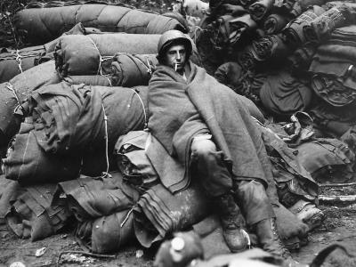 US Soldier on Bedrolls after 1st Night in Battle of the Bulge 1944