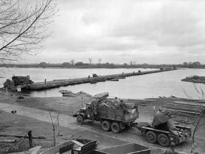 US Trucks and Quad AA Machine Guns of 8th Division Elbe River Germany 1945