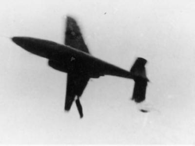 He 162 V1 in roll just before crash, 10 December 1944
