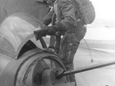 Gunner climbs into the tail turret of a He 177