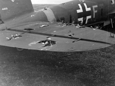 Damaged tail of Heinkel He 111 code G1+FT of the KG 55