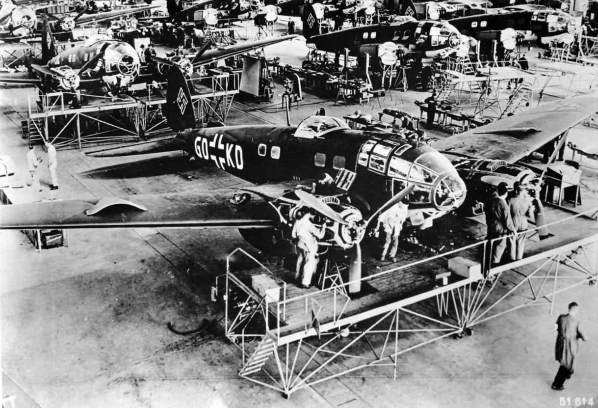 Heinkel He 111 planes on assembly line in factory