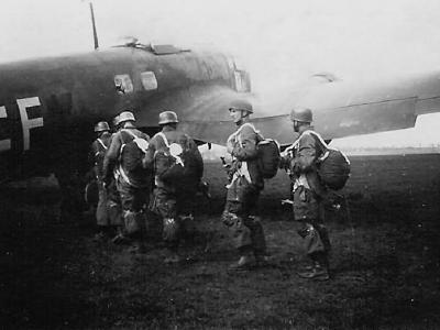 Helmeted Luftwaffe Fallschirmjagers and Heinkel He 111