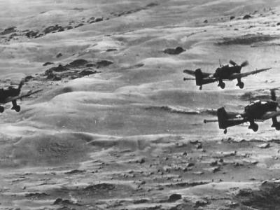 Afrika Korps Ju87 Stuka dive bombers en route to their target