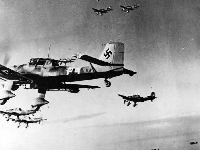 Ju87 Stuka Dive Bombers in flight over desert during World War II