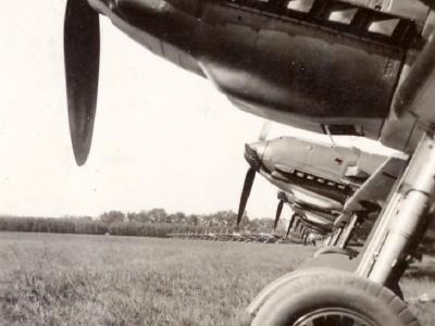 Detail view of the engine and landing gear of a Me109 E