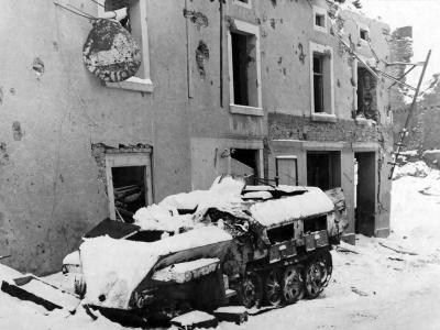 A German half-track SdKfz 250 destroyed in Houffalize, Belgium