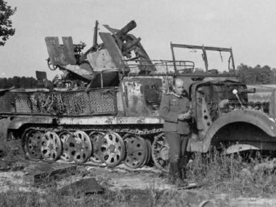 The charred remnants of a German anti aircraft halftrack Sd.Kfz. 6/2