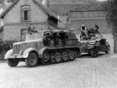 German prime mover SdKfz 8 pulling trailer