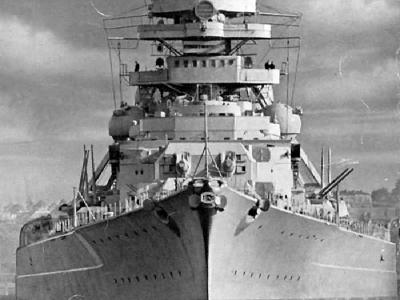 German battleship Bismarck in August 1940, bow view