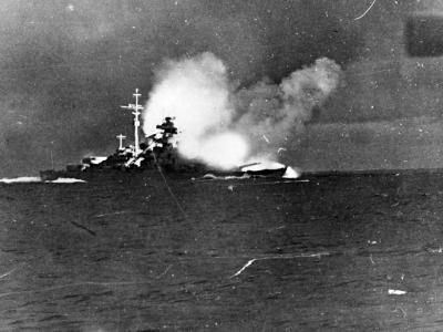 Battleship Bismarck firing on HMS Prince of Wales 2