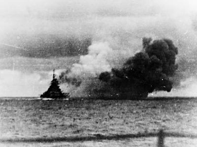Battleship Bismarck firing on HMS Prince of Wales