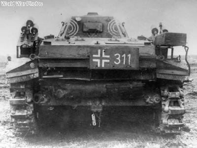 A captured by the Soviet troops Panzer II Flamingo code 311, rear view