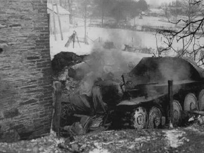 Burning Hetzer tank destroyer
