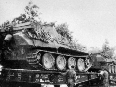 Panther tank on flatbed rail car