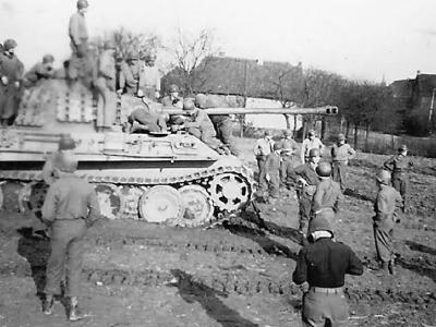 US GIs Climbing on Captured German Panther Ausf G Tank