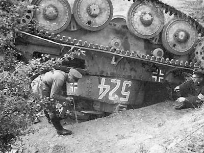 Knocked-out german Panzer 38t number 524, France 1940