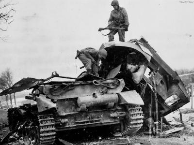 Panzer IV blown up at Wirtsfeld, Belgium Battle of the Bulge 17 December 1944