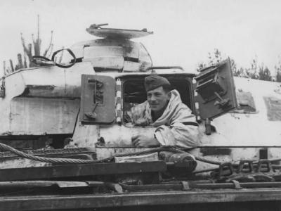 German Panzerman in turret of Panzer III – winter camo