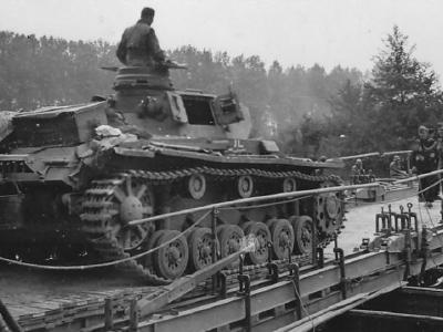 Panzer III crossing a pontoon bridge
