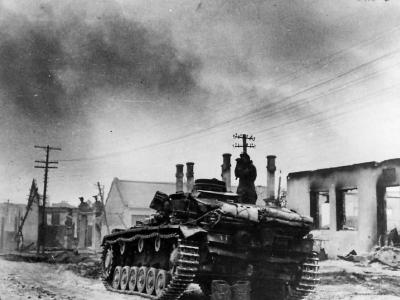 German tank officer atop Panzer III on outskirts of Wjasma 1941