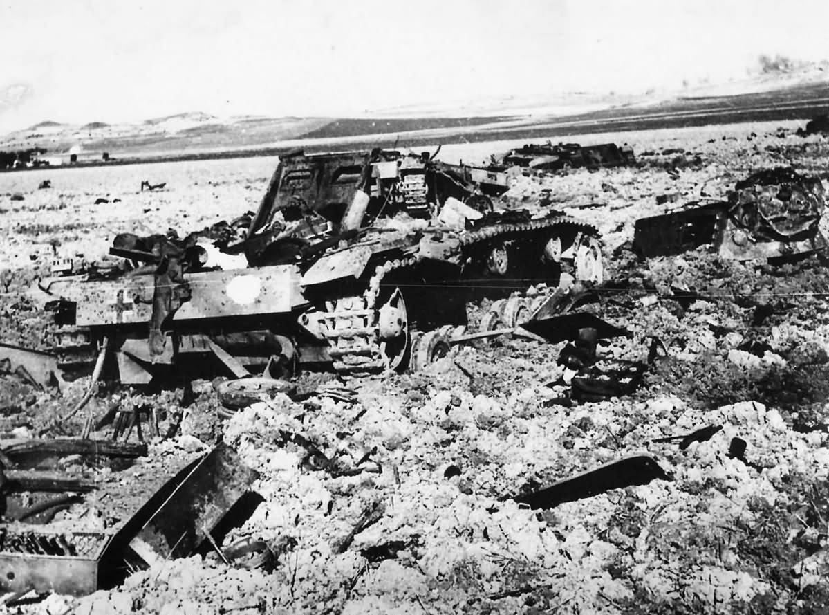 Wreckage of 4 German tanks destroyed at Bou Arada Tunisia 1943