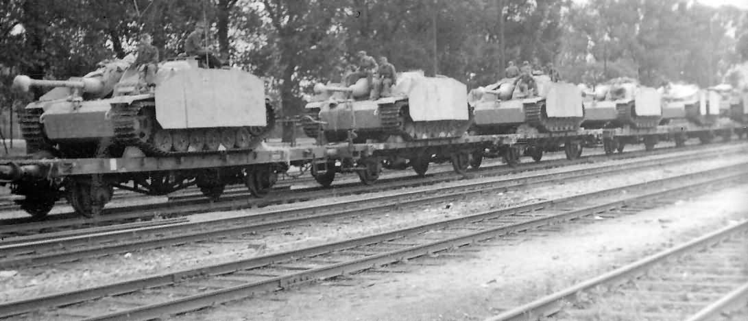 StuG 40 Ausf G with side skirt armor plates rail transport
