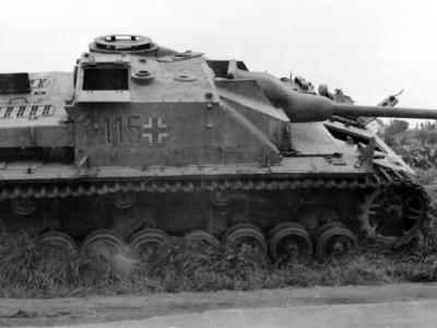 Abandoned German assault gun StuG IV number 115
