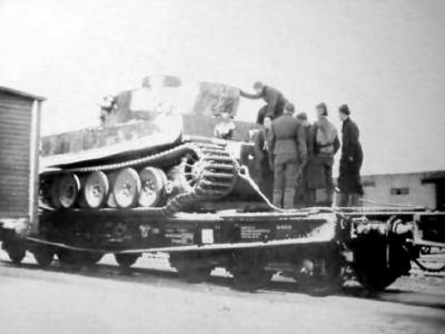 Tiger tank 222 of schwere Panzer Abteilung 502 on Type SSyms 80 Heavy Flatcar