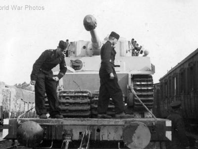 Tiger tank of Grossdeutschland Division being transported on rail car