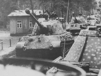 Tiger 2 tanks with transport tracks of schwere Panzer Abteilung 503. Sennelager Germany 1944