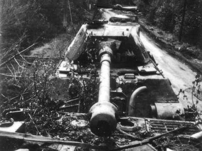 Abandoned Panzerkampfwagen VI Ausf. B „Königstiger” with Porsche turret of the schwere Panzer Abteilung 503. Normandy France