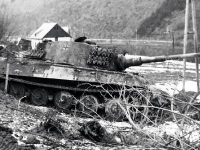 Destroyed King Tiger tank of the Schwere Panzer Abteilung 506. Tank number 109 Ardennes