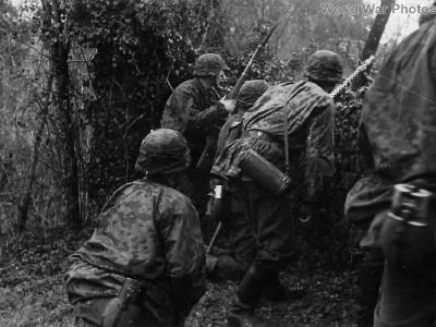 Waffen-SS soldiers advancing on enemy on Eastern Front