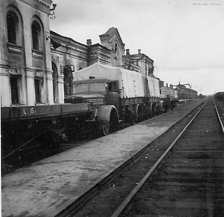 Wehrmacht Büssing-NAG railway truck on tracks in train station Russia