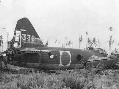 Wreckage of Mitsubishi G4M1 Model 11 ‚336’ of the 705 Kokutai after forced landing at Bugmar Beach, New Georgia