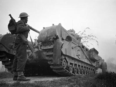 Churchill Crocodile tank and NZ soldier Senio River Italy April 1945