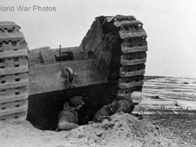 German soldiers taking cover behind Soviet Churchill