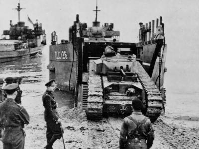 Churchill Mk II tank unloads from LCU England 1943