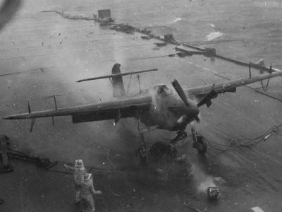 Fairey Barracuda crashes on HMS Victorious