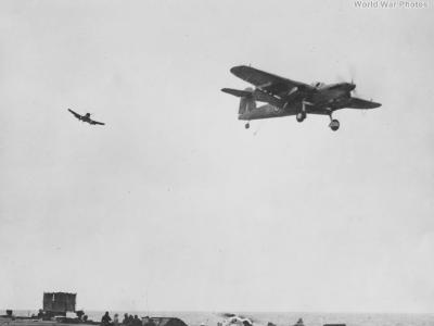 Barracuda over carrier 1945