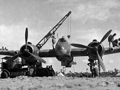 Beaufighter being serviced by RAF groundcrew Libya