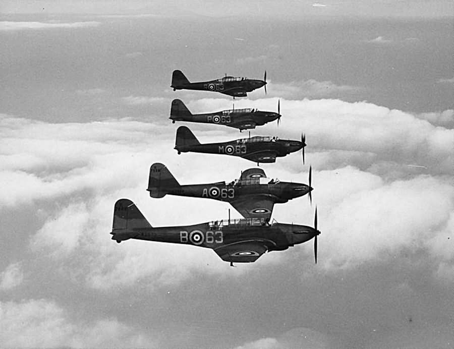 Fairey Battle light bombers of No. 63 Squadron in flight