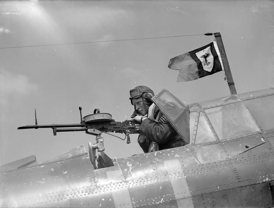 Air gunner with .303 Vickers K type MG rear cockpit of a Fairey Battle of No 103 Sqn 1940