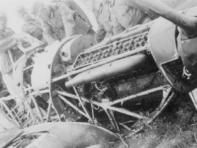 German soldiers examining destroyed Hurricane